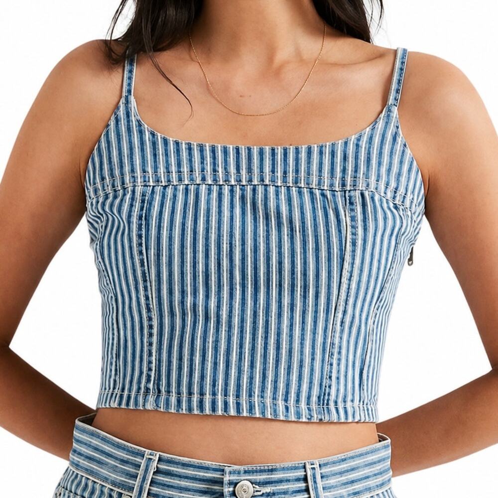 Levi's NWT Jadine Denim Cami Tank M Mischa Stripe Blue Cropped Smocked Top